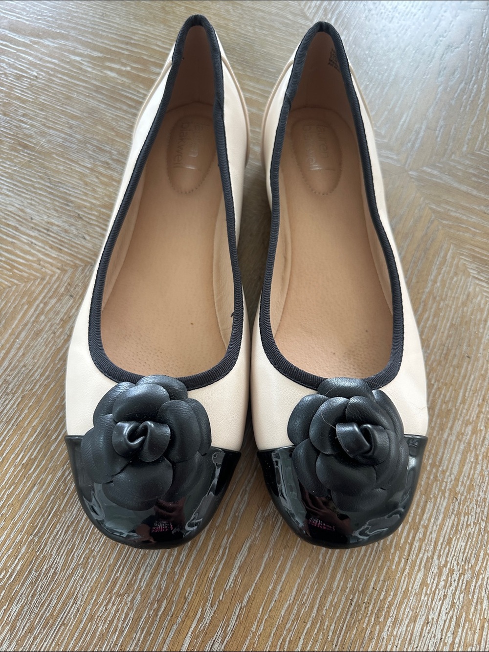 Women's Cream and Black Floral Cap-Toe Ballet Flats
